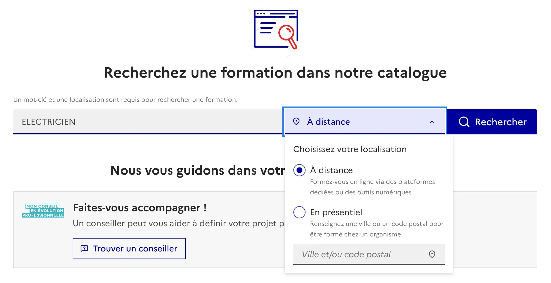 Interface de recherche de formation sur la plateforme Mon Compte Formation