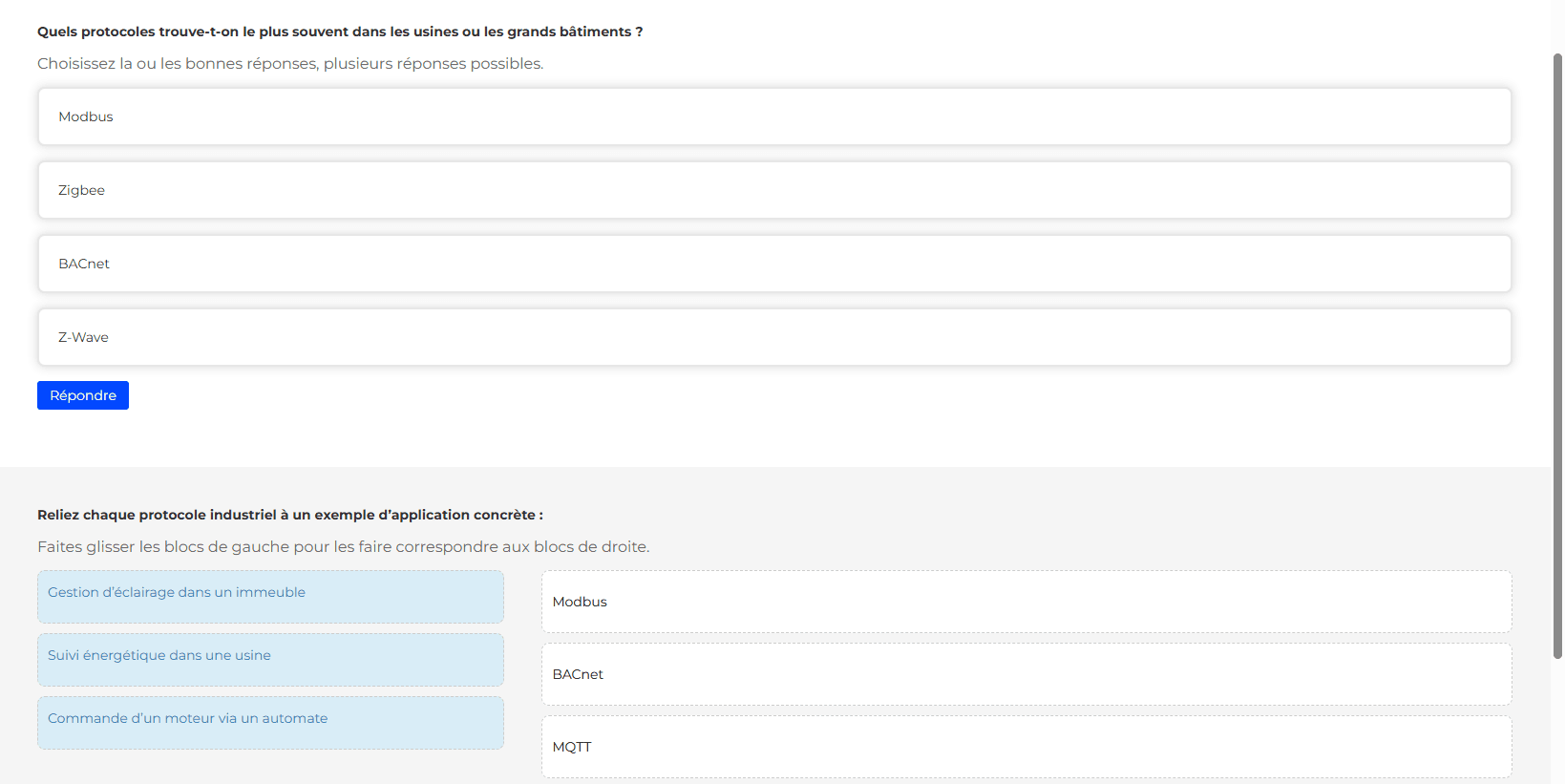 Capture d'écran du quiz inclus dans le module domotique offert au sein du CAP Electricien.